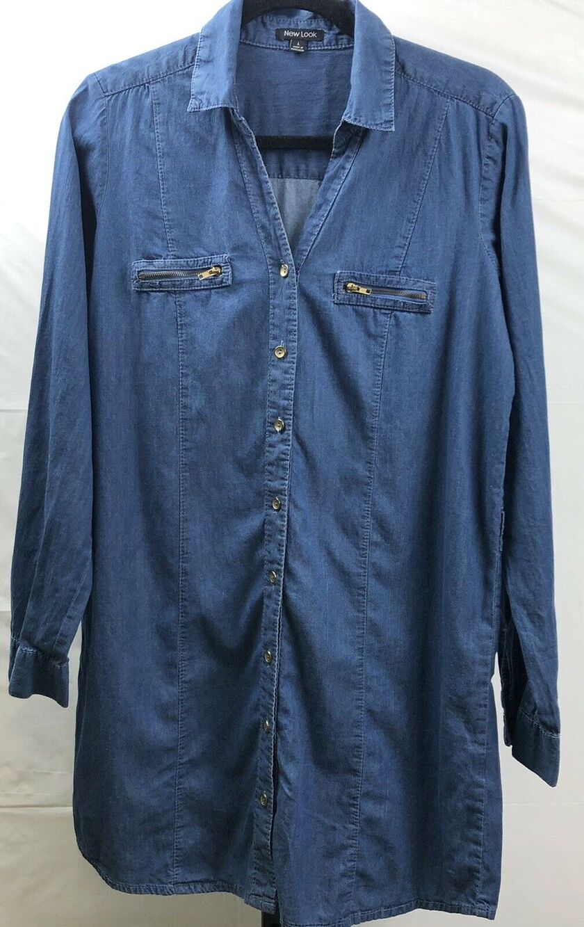 New Look Denim Dress Women L Blue V Neck 100% Cotton Roll Tab Sleeve Belt Loops